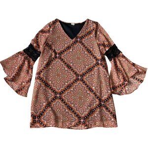 Paper Crane Anthropologie M Fairy Boho Mini Dress Orange Paisley Bell Sleeves